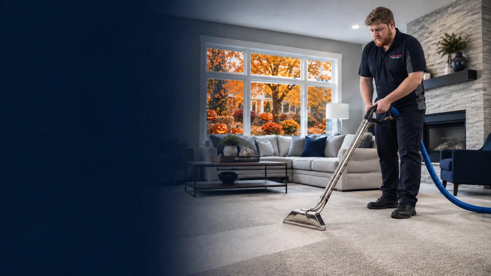Illustration of a Keystone Carpet Care technician in his company uniform cleaning carpet in a bright living room